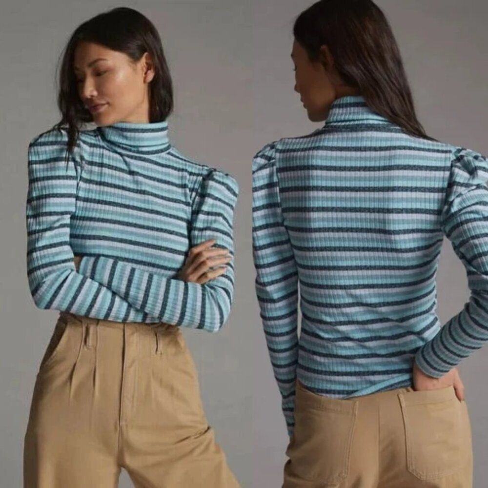 Anthropologie Maeve Striped Puffed Shoulder Turtleneck Size Small NWOT $60